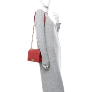CHANEL Caviar Chevron Quilted Medium Boy Flap Red