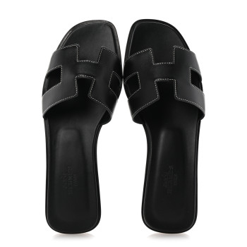 HERMES Box Calfskin Oran Sandals 37.5 Black