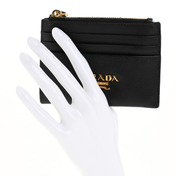 PRADA Saffiano Triangle Zip Card Holder Black
