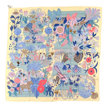 HERMES Silk Twill Precious Paradise Scarf 90 Jaune Soufre Bleu Rose