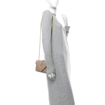 SAINT LAURENT Grain De Poudre Textured Mixed Matelasse Triquilt Small Monogram Satchel Dark Beige