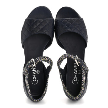 CHANEL Tweed Lambskin Sandals 40 Green Navy Silver