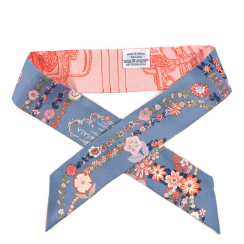 HERMES Silk Brides De Gala En Fleurs Twilly Blue Jean Rose Saumon