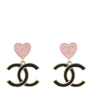 CHANEL Metal Enamel CC Heart Drop Earrings Gold Black Pink
