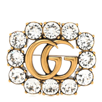 GUCCI Metal Crystal Double G Brooch Aged Gold
