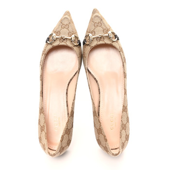 GUCCI Monogram Horsebit Womens Werin Ballet Flat 39 Beige Ebony Cocoa
