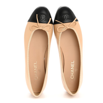 CHANEL Lambskin Cap Toe CC Ballerina Flats 40.5 Beige Black