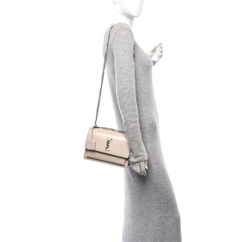 SAINT LAURENT Calfskin Crocodile Embossed Medium Monogram Sunset Washed Light Pink