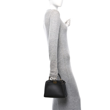 FENDI Vitello Seta Nabuk Pequin Mini Peekaboo Iconic Satchel Ebano Tobacco Moro