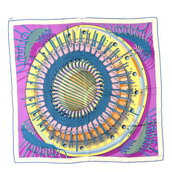 HERMES Silk Alternateur Scarf 90  Cyclamen Jaune Bleu