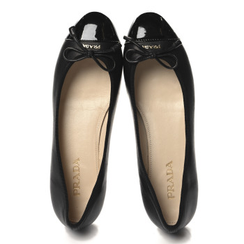 PRADA Nappa Vernice Cap Toe Logo Bow Ballerina Flats 37.5 Black