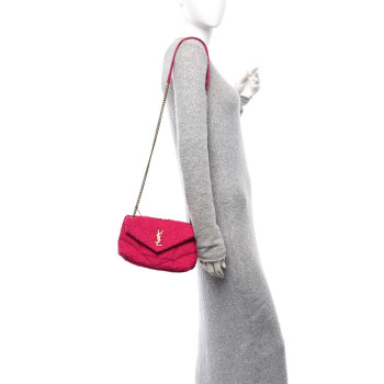 SAINT LAURENT Boucle Tweed Quilted Toy Loulou Puffer Monogram Chain Satchel Magenta