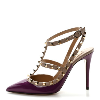 VALENTINO GARAVANI Patent Nappa Rockstud Ankle Strap 100mm Pumps 37.5 Purple Poudre