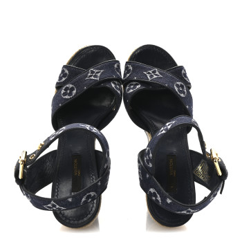 LOUIS VUITTON Monogram Denim Formentera Wedge Pumps 37 Grand Blue