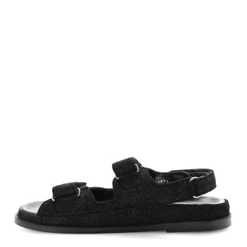 CHANEL Suede Calfskin Glitter Crystal Velcro Dad Sandals 40 Black