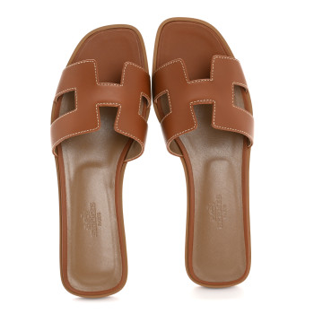 HERMES Box Calfskin Oran Sandals 37.5 Gold