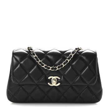 CHANEL Lambskin Quilted Rectangular Phone Holder Clutch With Chain Black