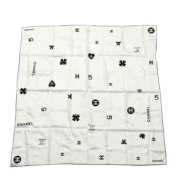 CHANEL Silk CC Logo Charms Scarf White Gold Black