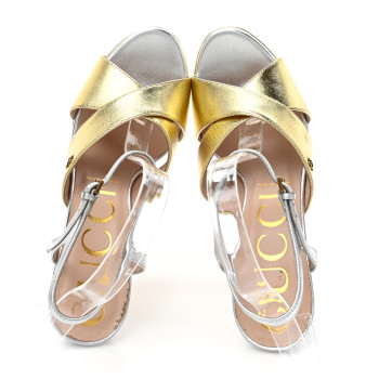 GUCCI Metallic Nappa Double G 40/135mm Platform Sandals 38.5 Gold Silver