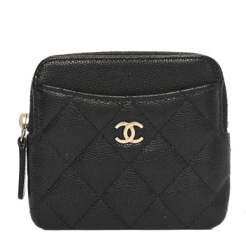 CHANEL Caviar Quilted Zip Card Holder Wallet Black