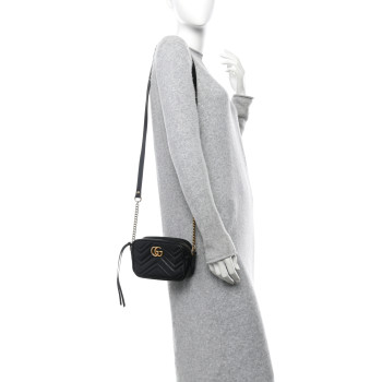GUCCI Calfskin Matelasse Mini GG Marmont Chain Shoulder Bag Black