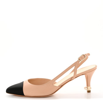 CHANEL Lambskin Satin Cap Toe CC Slingback Heels 40 Beige Black