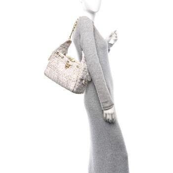 CHANEL Tweed Quilted Small Chanel 25 Handbag Ecru Khaki Gold Red