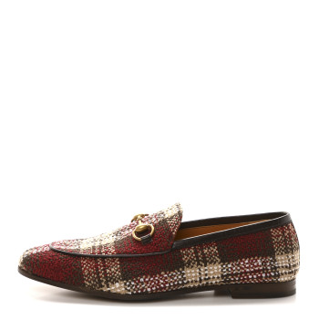 GUCCI Vintage Tweed Check Horsebit Mens Jordaan Loafers 9 Red Beige White