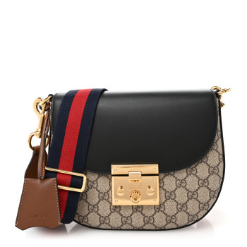 GUCCI GG Supreme Monogram Web Medium Padlock Messenger Shoulder Bag Black
