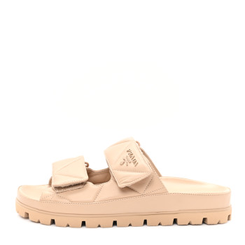 PRADA Nappa Quilted Padded Logo Slide Sandals 37 Sabbia