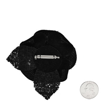 CHANEL Tweed Fabric Camellia Pin Brooch Black