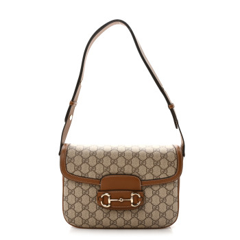 GUCCI GG Supreme Monogram Horsebit 1955 Soft Small Shoulder Bag Beige Brown Sugar