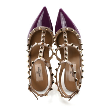 VALENTINO GARAVANI Patent Nappa Rockstud Ankle Strap 100mm Pumps 37.5 Purple Poudre