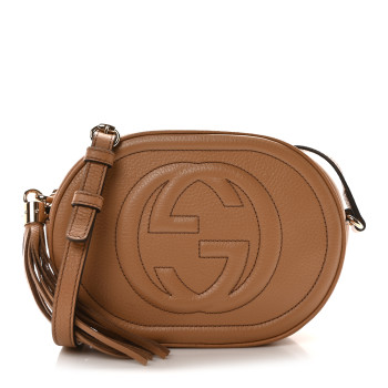 GUCCI Pebbled Calfskin Oval Soho Shoulder Bag Beige Camelia