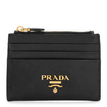 PRADA Saffiano Triangle Zip Card Holder Black