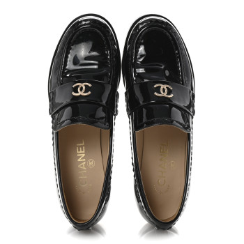 CHANEL Patent Calfskin CC Mocassin Loafers 37.5 Black
