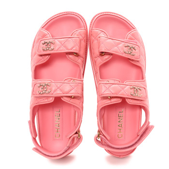 CHANEL Lambskin Quilted Velcro Dad Chain CC Sandals 40 Pink