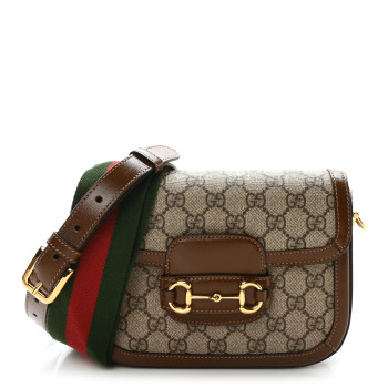 GUCCI GG Supreme Monogram Azalea Calfskin Web Mini Horsebit 1955 Shoulder Bag Beige Ebony Brown Sugar