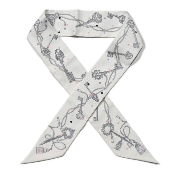 HERMES Silk Les Cles A Pois Twilly White Gris Acier