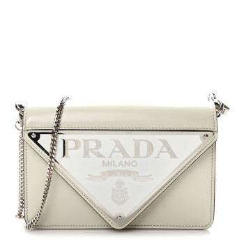 PRADA Spazzolato Triangle Logo Plate Flap Chain Crossbody Bag White