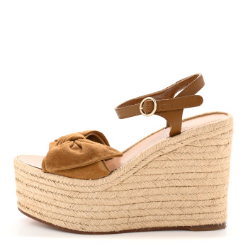 VALENTINO GARAVANI Suede Calfskin Tropical Bow Espadrille Platform Wedge Sandals 36 Brown