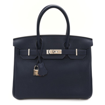 HERMES Togo Birkin Verso 30 Bleu Nuit Orange Poppy