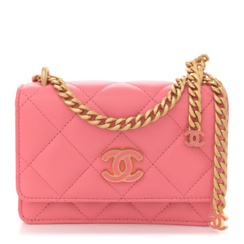 CHANEL Lambskin Enamel Quilted Pending CC Clutch With Chain Pink