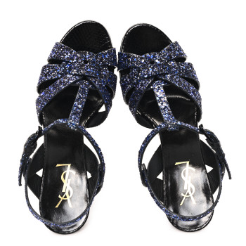 SAINT LAURENT Glitter Calfskin Ayers Tribute 75 Platform Sandals 38 Midnight Black Blue Royal