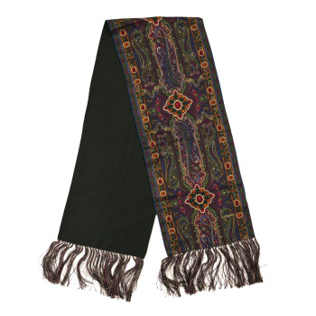 CHANEL Silk Wool Paisley Jewel Fringe Scarf Khaki Multicolor