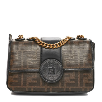 FENDI Glazed Fabric Vitello Century FF 1974 Stamp Patch Mini Double F Crossbody Bag Mogano Panna Black