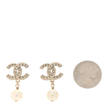 CHANEL Crystal Timeless CC Pearl Drop Earrings Light Gold