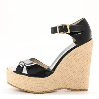 JIMMY CHOO Patent Aimee Espadrille Wedge Sandals 36.5 Black