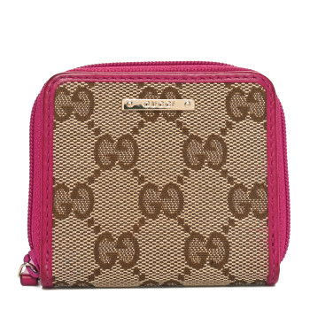 GUCCI Monogram Dollar Calfskin Zip Around Coin Purse Beige Ebony Fuchsia