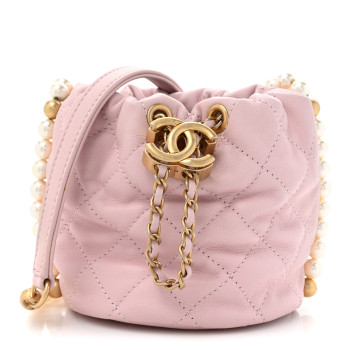 CHANEL Calfskin Quilted Pearl Mini About Pearls Drawstring Bucket Light Pink